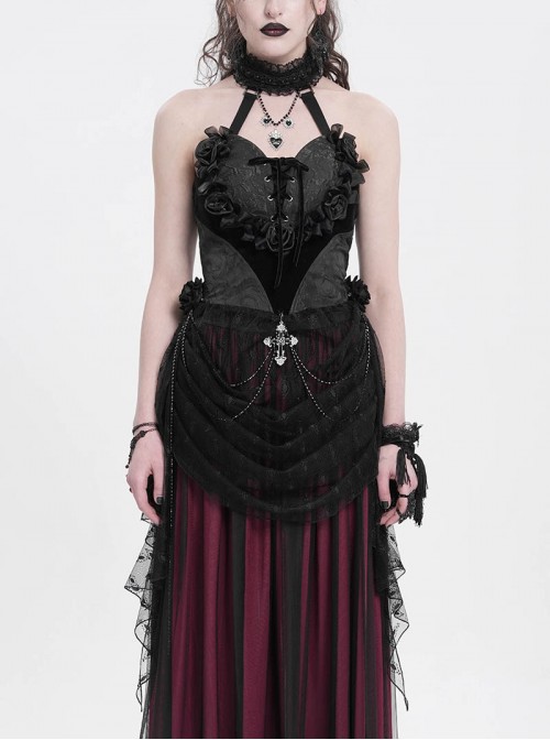 Elegant Black Rose Ribbon Decoration Gorgeous Patchwork Mesh Hem Sexy Gothic Style Halter Neck Corset