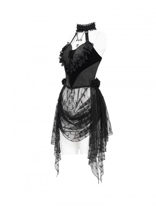Elegant Black Rose Ribbon Decoration Gorgeous Patchwork Mesh Hem Sexy Gothic Style Halter Neck Corset