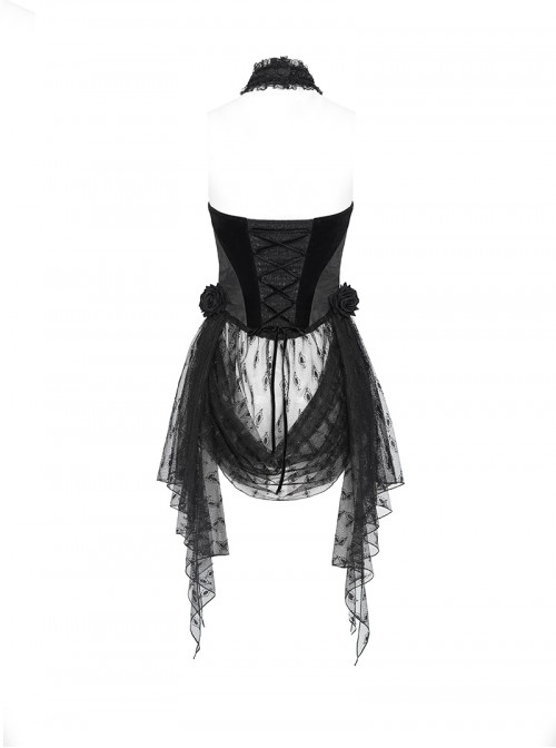 Elegant Black Rose Ribbon Decoration Gorgeous Patchwork Mesh Hem Sexy Gothic Style Halter Neck Corset