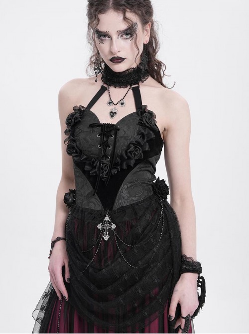 Elegant Black Rose Ribbon Decoration Gorgeous Patchwork Mesh Hem Sexy Gothic Style Halter Neck Corset