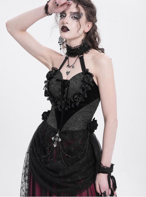 Elegant Black Rose Ribbon Decoration Gorgeous Patchwork Mesh Hem Sexy Gothic Style Halter Neck Corset