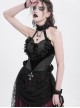 Elegant Black Rose Ribbon Decoration Gorgeous Patchwork Mesh Hem Sexy Gothic Style Halter Neck Corset