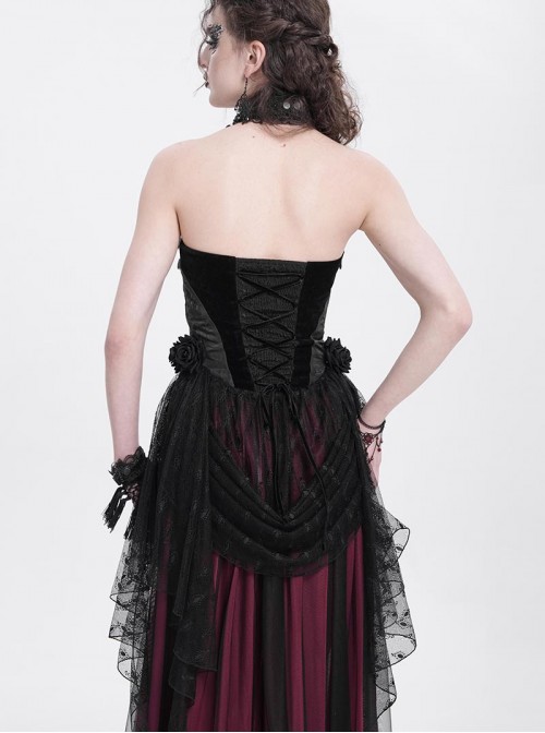 Elegant Black Rose Ribbon Decoration Gorgeous Patchwork Mesh Hem Sexy Gothic Style Halter Neck Corset