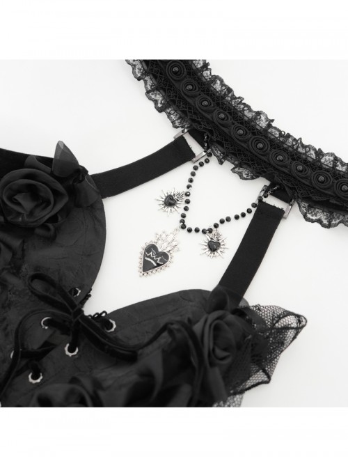 Elegant Black Rose Ribbon Decoration Gorgeous Patchwork Mesh Hem Sexy Gothic Style Halter Neck Corset