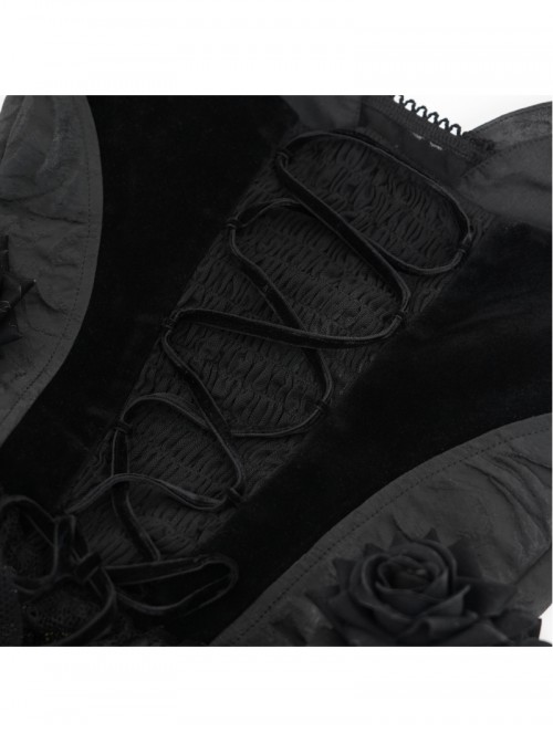 Elegant Black Rose Ribbon Decoration Gorgeous Patchwork Mesh Hem Sexy Gothic Style Halter Neck Corset