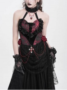 Gorgeous Black Red Roses Exquisite Beaded Decoration Hem Splicing Mesh Sexy Gothic Style Halter Neck Corset