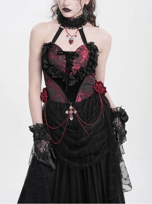 Gorgeous Black Red Roses Exquisite Beaded Decoration Hem Splicing Mesh Sexy Gothic Style Halter Neck Corset