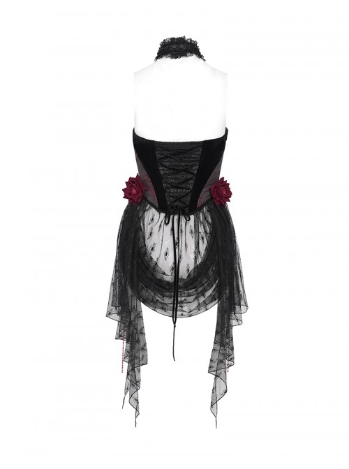 Gorgeous Black Red Roses Exquisite Beaded Decoration Hem Splicing Mesh Sexy Gothic Style Halter Neck Corset