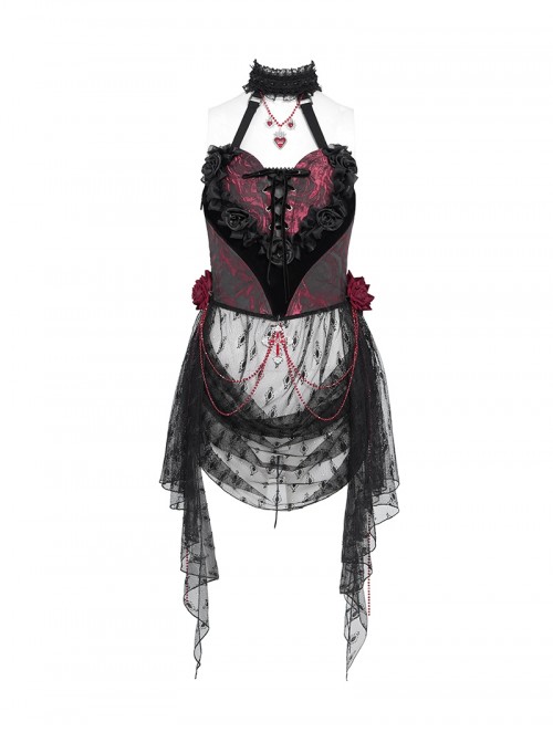 Gorgeous Black Red Roses Exquisite Beaded Decoration Hem Splicing Mesh Sexy Gothic Style Halter Neck Corset