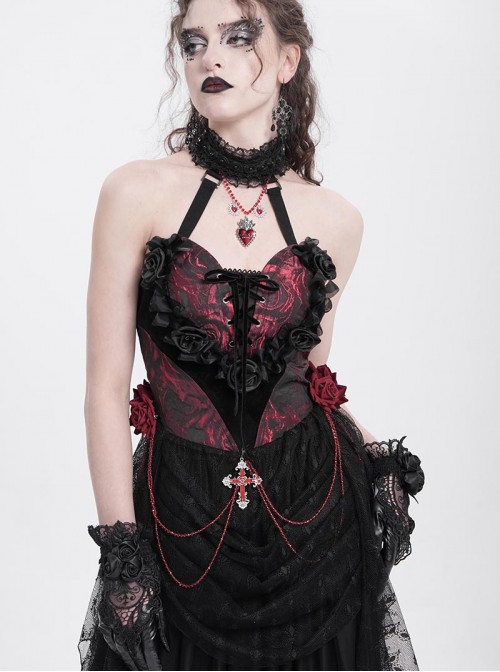Gorgeous Black Red Roses Exquisite Beaded Decoration Hem Splicing Mesh Sexy Gothic Style Halter Neck Corset