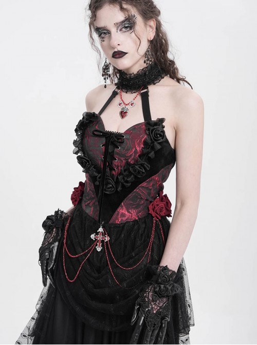 Gorgeous Black Red Roses Exquisite Beaded Decoration Hem Splicing Mesh Sexy Gothic Style Halter Neck Corset