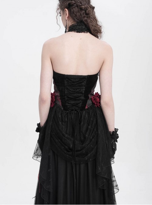 Gorgeous Black Red Roses Exquisite Beaded Decoration Hem Splicing Mesh Sexy Gothic Style Halter Neck Corset