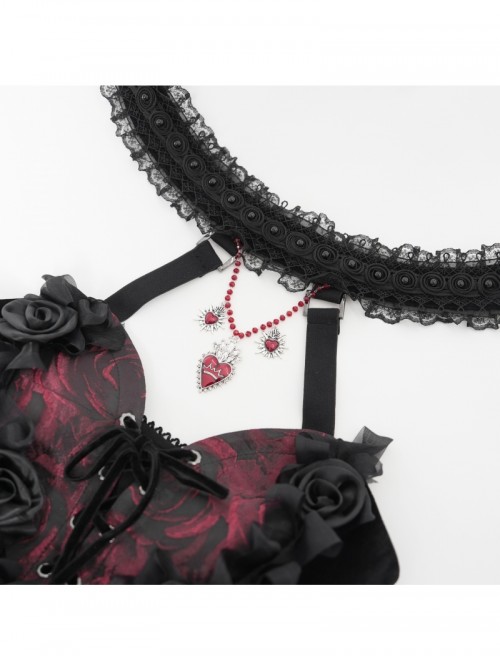 Gorgeous Black Red Roses Exquisite Beaded Decoration Hem Splicing Mesh Sexy Gothic Style Halter Neck Corset