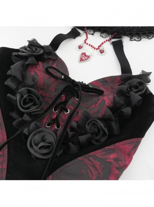 Gorgeous Black Red Roses Exquisite Beaded Decoration Hem Splicing Mesh Sexy Gothic Style Halter Neck Corset