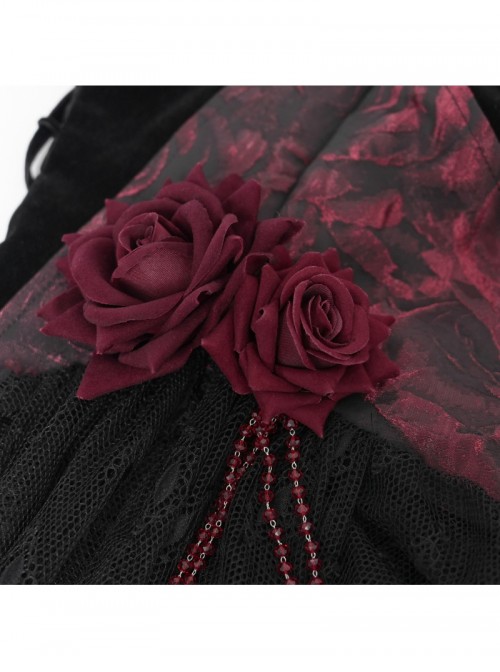 Gorgeous Black Red Roses Exquisite Beaded Decoration Hem Splicing Mesh Sexy Gothic Style Halter Neck Corset