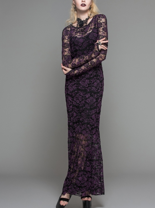 Black Purple Flocking Rose Mesh Lace Long Sleeve Fishtail Backless Gothic Long Dress