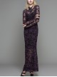 Black Purple Flocking Rose Mesh Lace Long Sleeve Fishtail Backless Gothic Long Dress