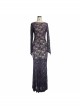 Black Purple Flocking Rose Mesh Lace Long Sleeve Fishtail Backless Gothic Long Dress