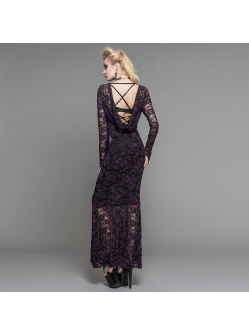 Black Purple Flocking Rose Mesh Lace Long Sleeve Fishtail Backless Gothic Long Dress