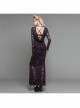 Black Purple Flocking Rose Mesh Lace Long Sleeve Fishtail Backless Gothic Long Dress