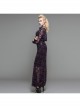 Black Purple Flocking Rose Mesh Lace Long Sleeve Fishtail Backless Gothic Long Dress