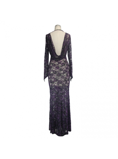 Black Purple Flocking Rose Mesh Lace Long Sleeve Fishtail Backless Gothic Long Dress