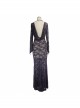 Black Purple Flocking Rose Mesh Lace Long Sleeve Fishtail Backless Gothic Long Dress