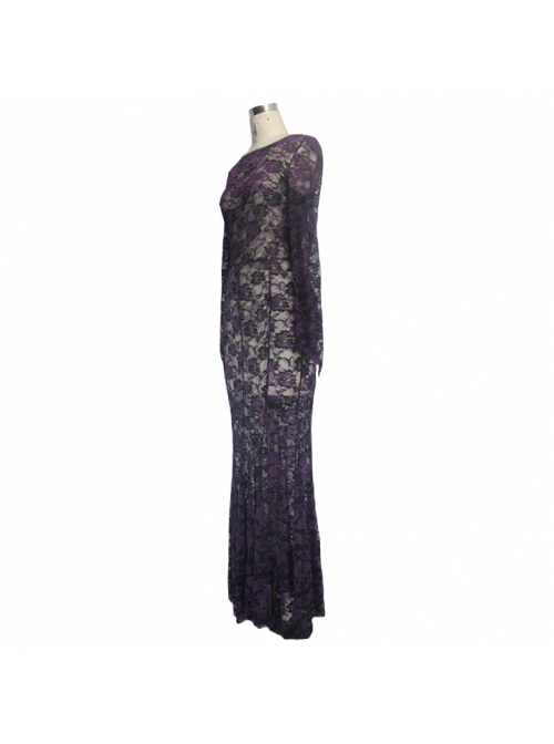 Black Purple Flocking Rose Mesh Lace Long Sleeve Fishtail Backless Gothic Long Dress