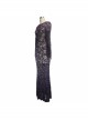 Black Purple Flocking Rose Mesh Lace Long Sleeve Fishtail Backless Gothic Long Dress