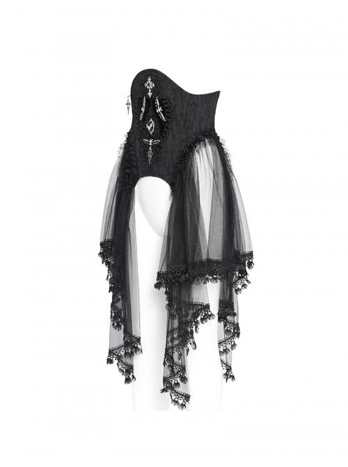 Retro Gorgeous Black Embroidered Lace Cool Metal Bat Splicing Mesh Hem Gothic Style Corset