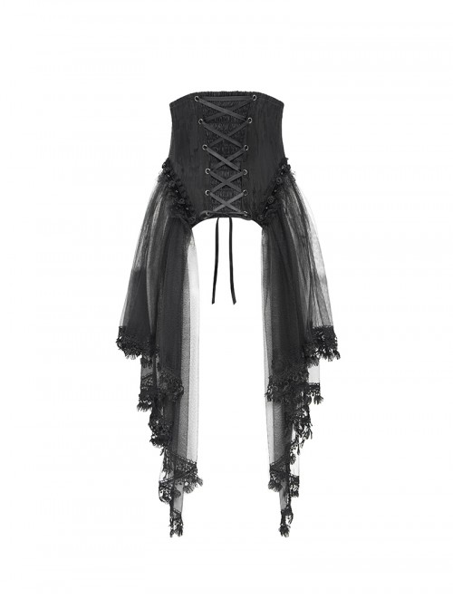 Retro Gorgeous Black Embroidered Lace Cool Metal Bat Splicing Mesh Hem Gothic Style Corset