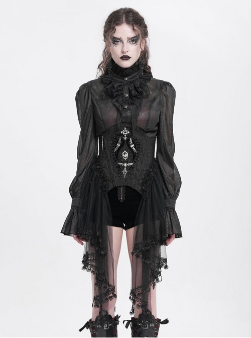 Retro Gorgeous Black Embroidered Lace Cool Metal Bat Splicing Mesh Hem Gothic Style Corset