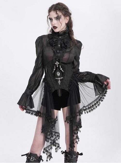 Retro Gorgeous Black Embroidered Lace Cool Metal Bat Splicing Mesh Hem Gothic Style Corset