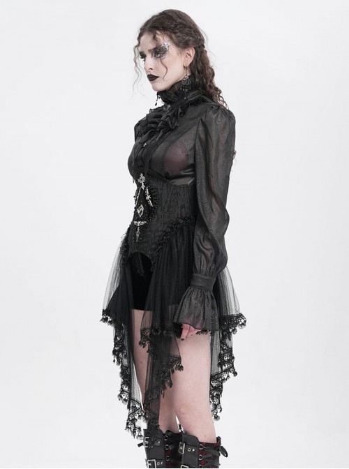 Retro Gorgeous Black Embroidered Lace Cool Metal Bat Splicing Mesh Hem Gothic Style Corset