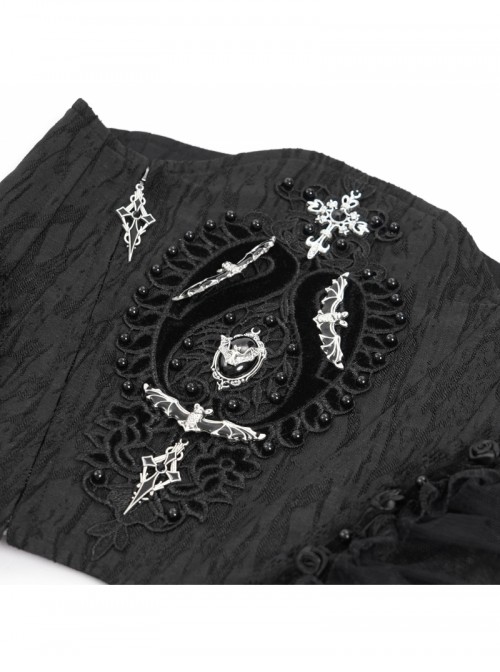 Retro Gorgeous Black Embroidered Lace Cool Metal Bat Splicing Mesh Hem Gothic Style Corset