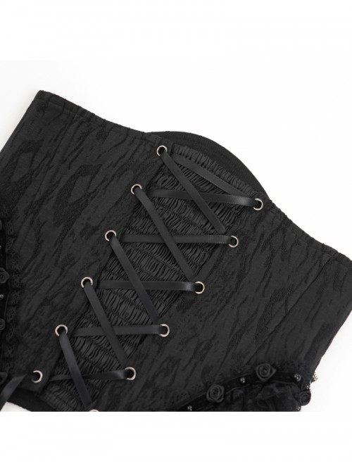 Retro Gorgeous Black Embroidered Lace Cool Metal Bat Splicing Mesh Hem Gothic Style Corset