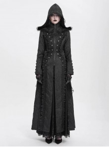 Dark Mysterious Black Exquisite Ruffles Decorated Retro Metal Buttons Gothic Style Hooded Long Coat