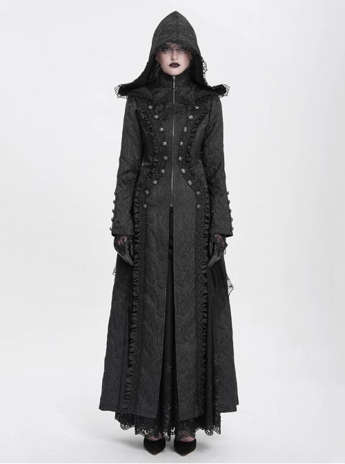 Dark Mysterious Black Exquisite Ruffles Decorated Retro Metal Buttons Gothic Style Hooded Long Coat