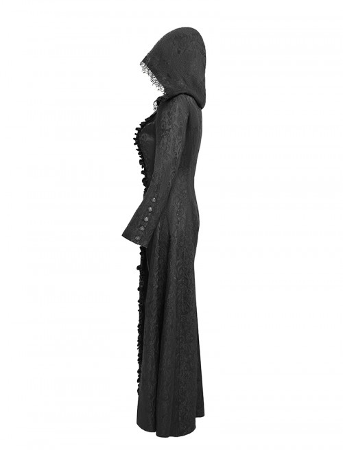 Dark Mysterious Black Exquisite Ruffles Decorated Retro Metal Buttons Gothic Style Hooded Long Coat