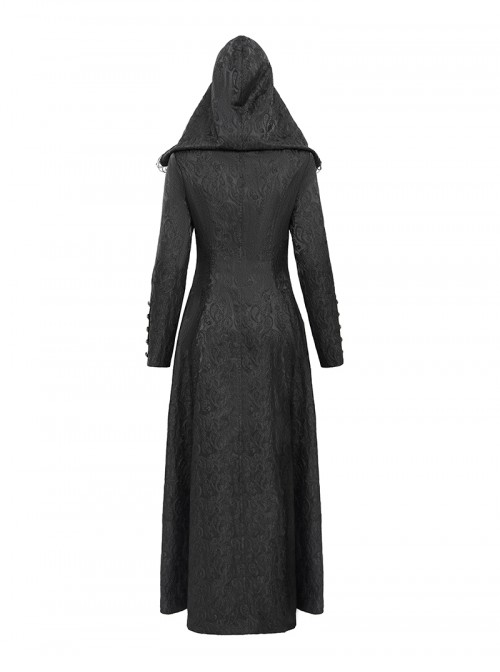Dark Mysterious Black Exquisite Ruffles Decorated Retro Metal Buttons Gothic Style Hooded Long Coat