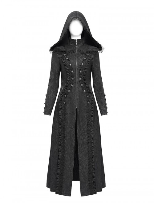 Dark Mysterious Black Exquisite Ruffles Decorated Retro Metal Buttons Gothic Style Hooded Long Coat