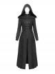 Dark Mysterious Black Exquisite Ruffles Decorated Retro Metal Buttons Gothic Style Hooded Long Coat