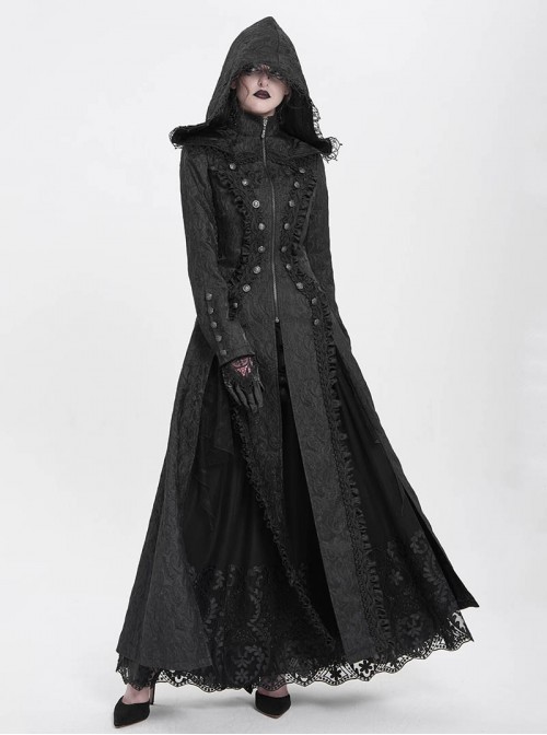 Dark Mysterious Black Exquisite Ruffles Decorated Retro Metal Buttons Gothic Style Hooded Long Coat