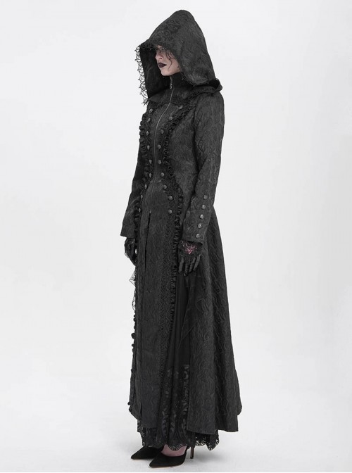 Dark Mysterious Black Exquisite Ruffles Decorated Retro Metal Buttons Gothic Style Hooded Long Coat