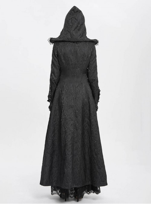 Dark Mysterious Black Exquisite Ruffles Decorated Retro Metal Buttons Gothic Style Hooded Long Coat