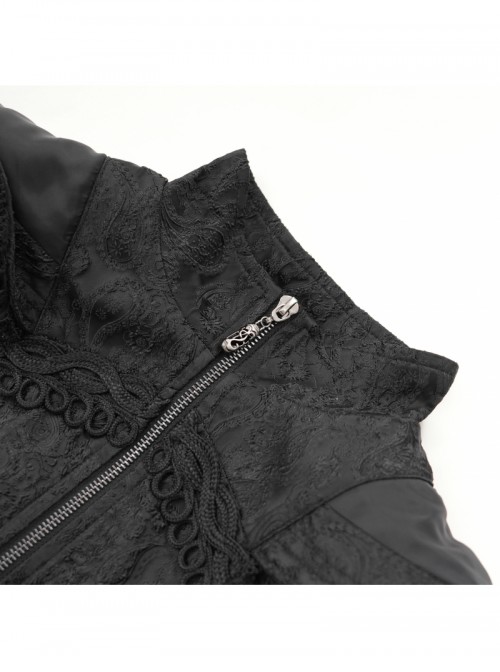 Dark Mysterious Black Exquisite Ruffles Decorated Retro Metal Buttons Gothic Style Hooded Long Coat