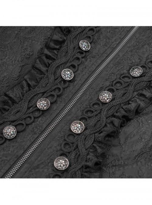 Dark Mysterious Black Exquisite Ruffles Decorated Retro Metal Buttons Gothic Style Hooded Long Coat