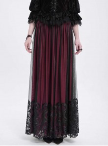 Elegant Daily Red Stitching Black Lace Mesh Gorgeous Patchwork Decorated Gothic Style Skirt