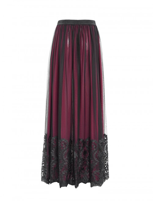 Elegant Daily Red Stitching Black Lace Mesh Gorgeous Patchwork Decorated Gothic Style Skirt