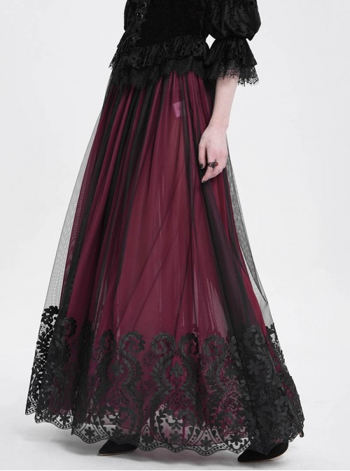 Elegant Daily Red Stitching Black Lace Mesh Gorgeous Patchwork Decorated Gothic Style Skirt